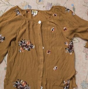 Embroidered Button-Up Blouse - Brown